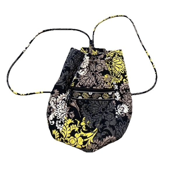 Vera Bradley Quilted Baroque Yellow Black Bucket Drawstring Backpack 14” - Picture 1 of 7